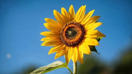 Obraz premium Vibrant sunflower blooming against a clear blue sky, showcasing its rich yellow petals and dark center.