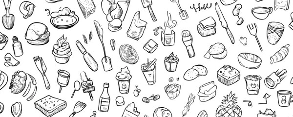 Flat linear food and kitchen icons set with diverse cooking and baking tools.