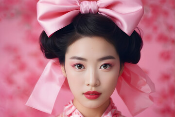 A woman with a pink bow in her hair