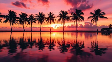 A serene sunset over a tranquil water body, reflecting silhouetted palm trees in vibrant hues.