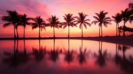 Obraz premium Silhouette of palm trees against a vibrant pink sunset reflected in calm waters.