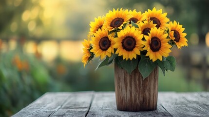 A vibrant bouquet of sunflowers in a rustic wooden pot, exuding warmth and cheer in a serene outdoor setting.