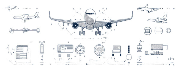 Vector flat airplane and aviation linear icons set with instruments and diagrams.