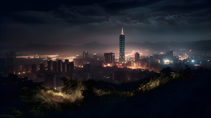 Naklejka premium Nachtansicht von Taipeh mit leuchtendem Skyline-Turm