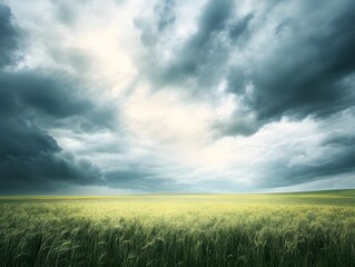 A vast open field under a dramatic cloudy sky