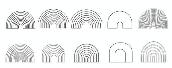 Flat linear arch icons set: minimalist vector designs.