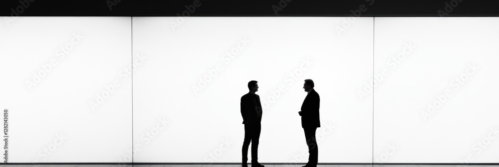 Poster Silhouettes of two executives engaged in conversation against a minimalist background in a modern office setting. Generative AI