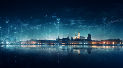 Digitale Verbindung über der Stadtansicht bei Nacht