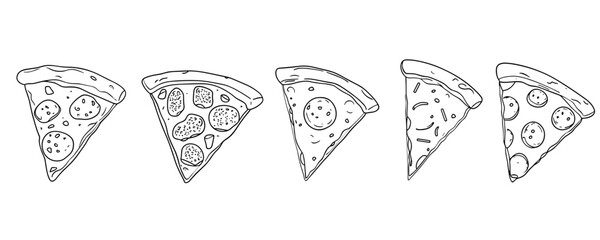 Flat linear icons set of various pizza slices in vector style.