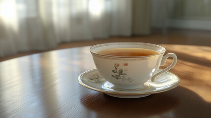 Elegant porcelain teapot and tea cup with floral design, steaming hot tea set on a decorative tray with soft lighting