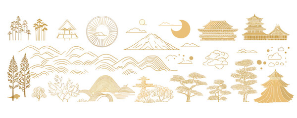 Flat style japanese nature and architecture icons set &mdash; linear vector art, mountains, temples, and trees.