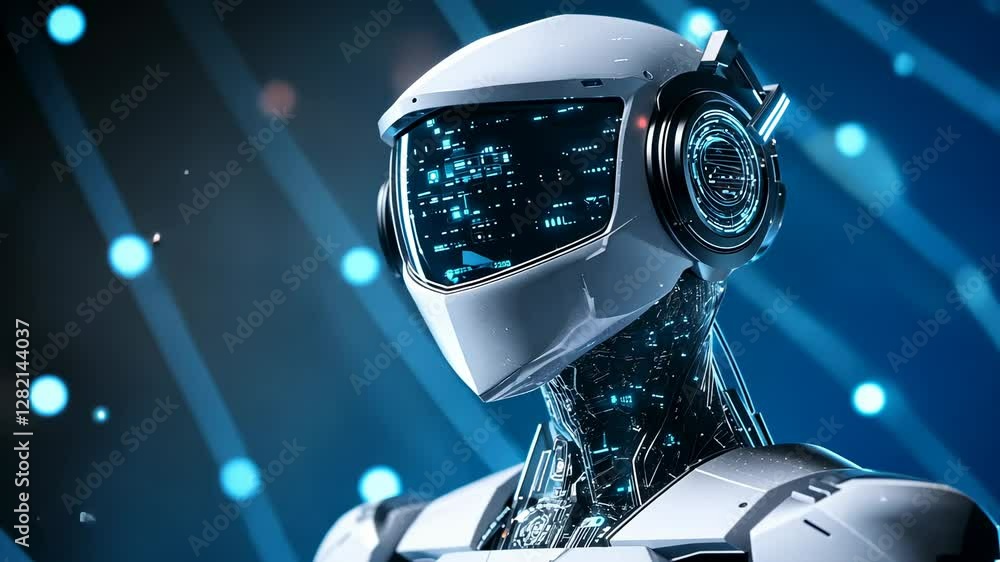 Poster futuristic ai robot with advanced technology interface and neon lights