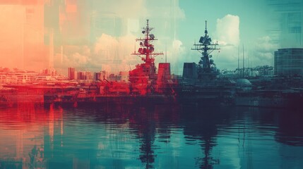 Two battleships rest in the harbor creating a surreal cityscape