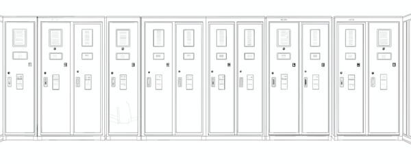 Flat linear icons set of storage lockers, minimalist design, secure lock mechanism.