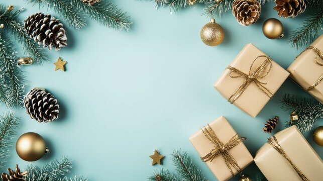 Festive arrangement of gold-wrapped gifts with pine cones and ornaments on a soft blue background, evoking a warm holiday spirit.