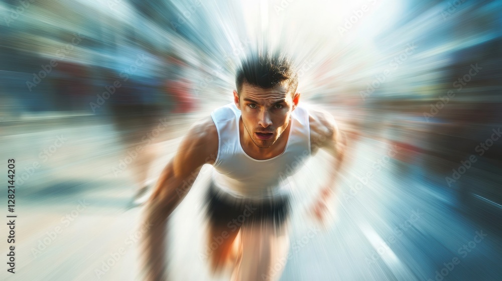 Aufkleber Runner transforms from tired and untrained to strong and victorious during a race at the city marathon in bright daylight. Generative AI