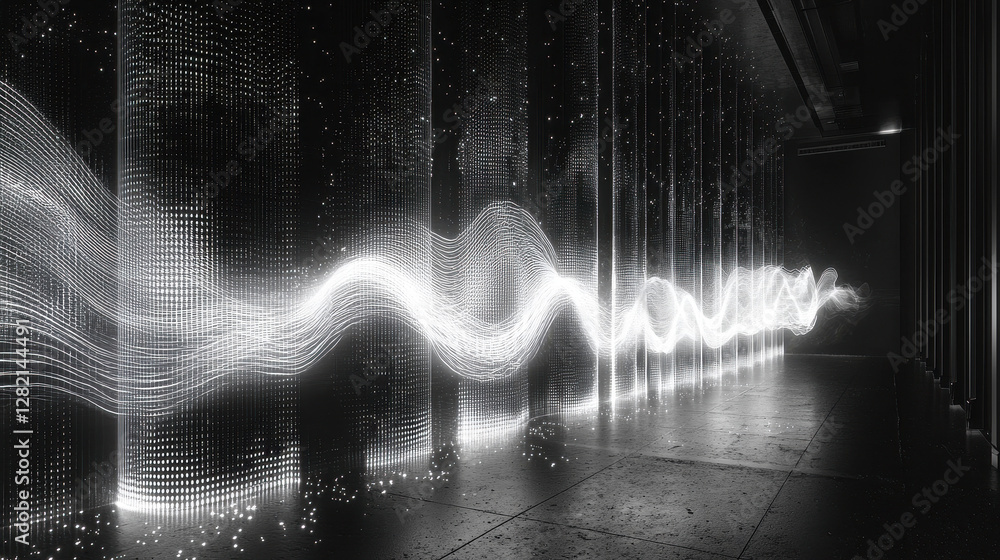 Poster quantum ai system visualized with glowing energy waves in a futuristic server room filled with advan