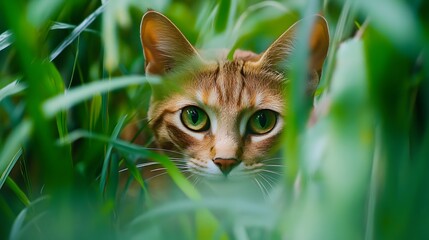 A wild cat sneaking through tall grass in the jungle