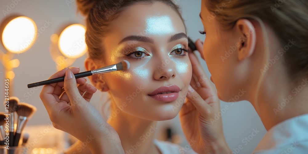 Poster makeup application during a beauty session in a studio with warm lighting, creating a glowing look f
