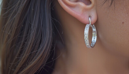 Elegant silver hoop earrings adorned with pavé diamonds, luxury accessory