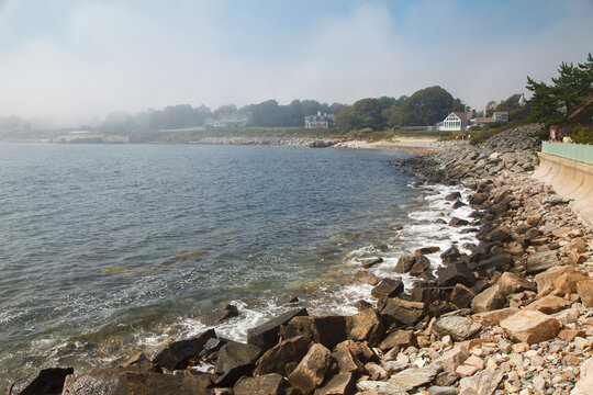 Rocky beach at the Cliff walk at the shore of the Easton bay in Newport, Rhode Island, USA