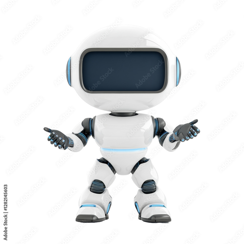 Poster futuristic white robot with blue details and large dark face display front view