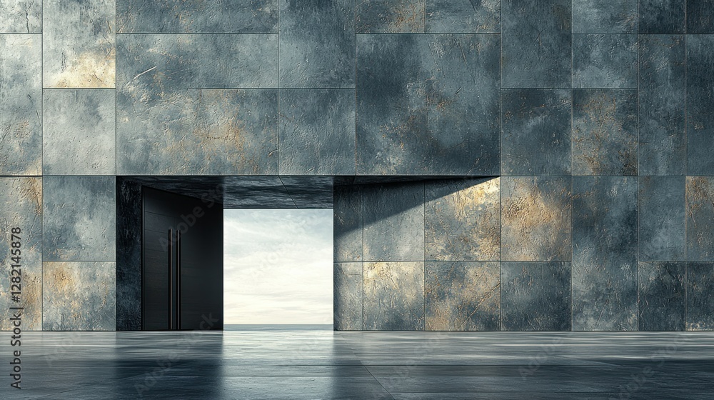 Aufkleber abstract rusted wall with open doorway. background sky. use architecture