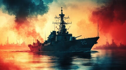 Navy warship sails on the ocean during a hazy sunset