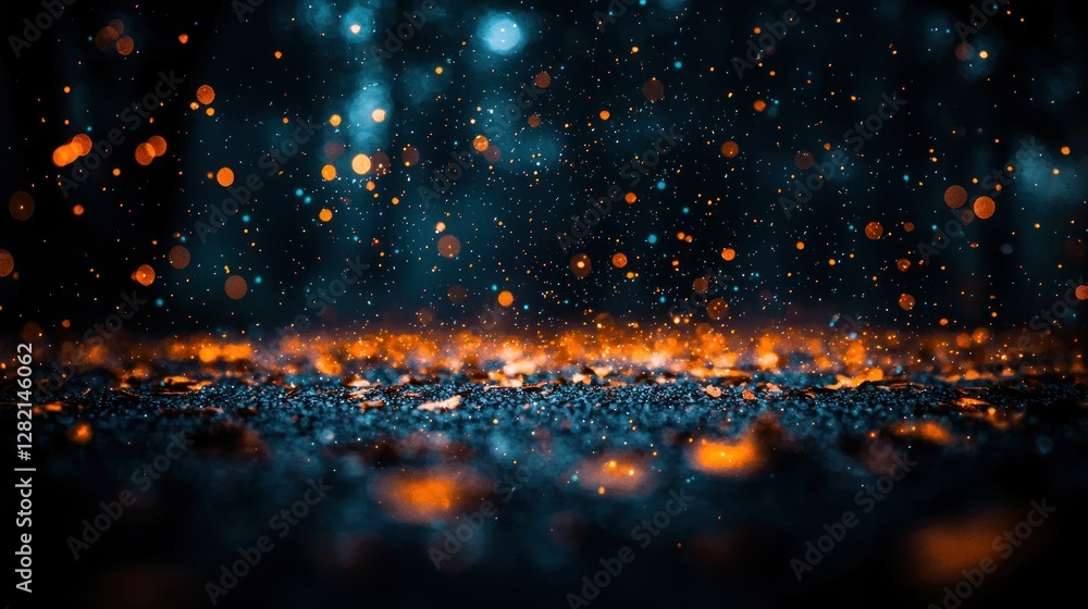Poster abstract scene with specks floating above a textured surface with blue bokeh