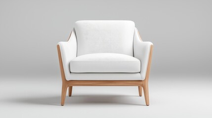 White armchair, wooden legs, minimalist room, interior design