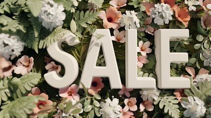 3D discount lettering on a light floral background. Spring sale. Summer discounts.