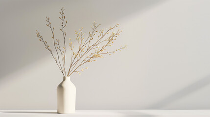 Obraz premium Minimalistic bouquet of flowers in white clay vase on light background with space for text.