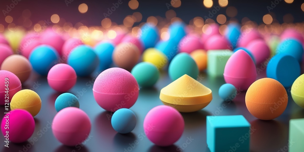 Poster colorful assortment of geometric shapes and spheres arranged on a sleek surface with soft bokeh ligh
