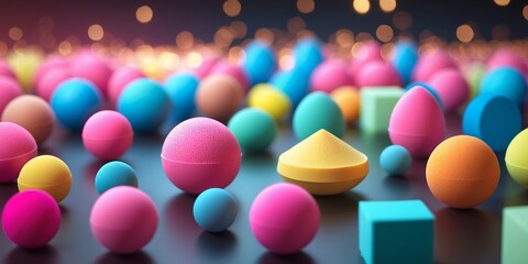 Colorful assortment of geometric shapes and spheres arranged on a sleek surface with soft bokeh lighting