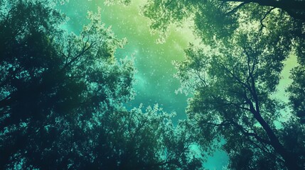 Obraz premium Gradient forest canopy glowing under cosmic light, blending from rich green to bright cyan, peaceful and vibrant