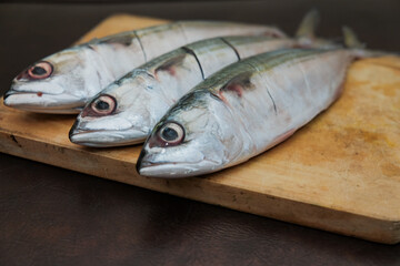 Some Fresh Mackerel Fish On Wooden Chopping Board, prepare cooking seafood