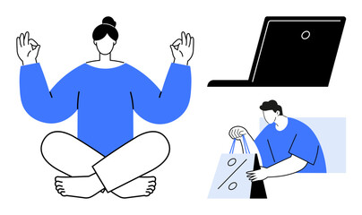 Woman meditating, man holding shopping bags with discount sign, and a laptop. Ideal for online shopping, work-life balance, e-commerce, mindfulness, relaxation digital lifestyle retail. Line