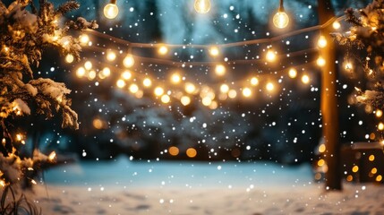 A serene winter evening scene with glowing lights strung across a snowy backdrop, creating a warm and festive ambiance.