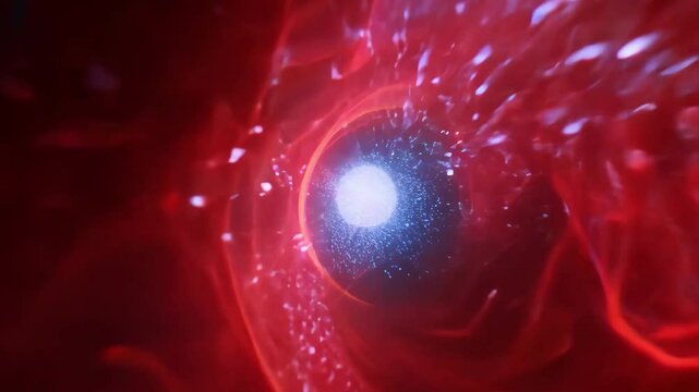 Close-up ai video of red blood cells flowing through a blood vessel, with a glowing center, representing biological processes in human circulation.
