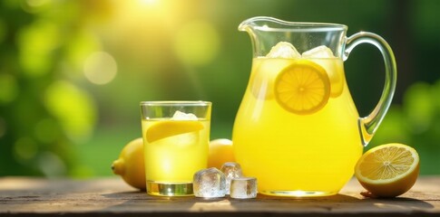 Golden lemonade in glass & pitcher, ice cubes visible, print, yellow