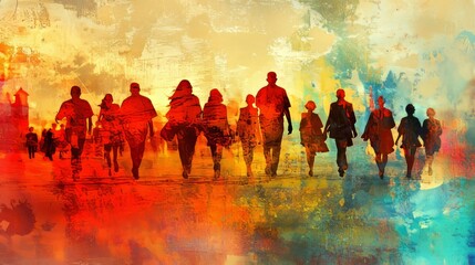 Fototapeta premium group of people walking in blurred motion, vibrant and dynamic composition, textured and structured tones, bold and artistic atmosphere