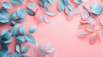 Stylish arrangement of vibrant blue and pink leaves against a soft coral background, creating a fresh and modern feel.