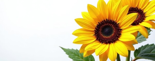 Obraz premium Large sunflower blooms with dark centers on a pure white canvas, nature, art