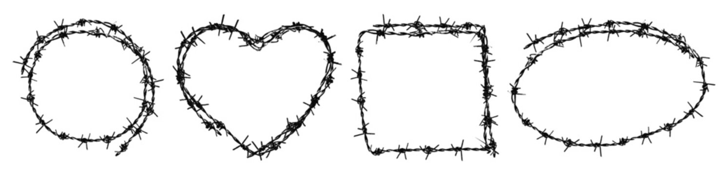 Trendy grunge elements set with retro photocopy stipple effect. Barbed wire frames, heart shaped, circle, square and oval. Goth core 2000s style. Modern illustration with vector dots texture