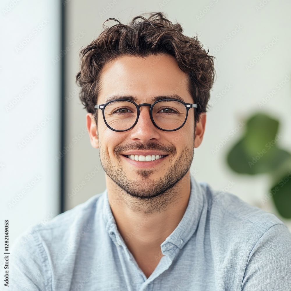 Aufkleber smiling man with glasses in modern office setting enjoying a sunny day while working on his projects