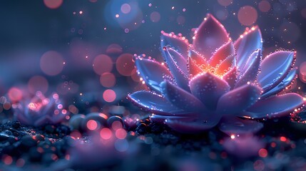 Glowing lotus flower with magical sparkles and bokeh effects in pink and blue colors against dark background creates mystical atmosphere.