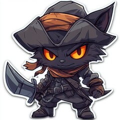 A fierce, chibi-style black cat pirate, wielding a sword, stands defiantly.  Glowing orange eyes and dark attire create a powerful image.