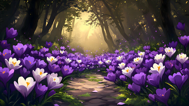 A woodland clearing with a bed of crocuses blooming in purple and white shades, announcing spring