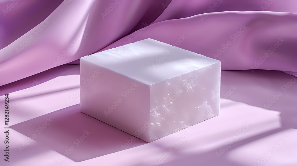 Poster white soap bar casting soft shadow on pink silk fabric background with gentle folds, creating minima