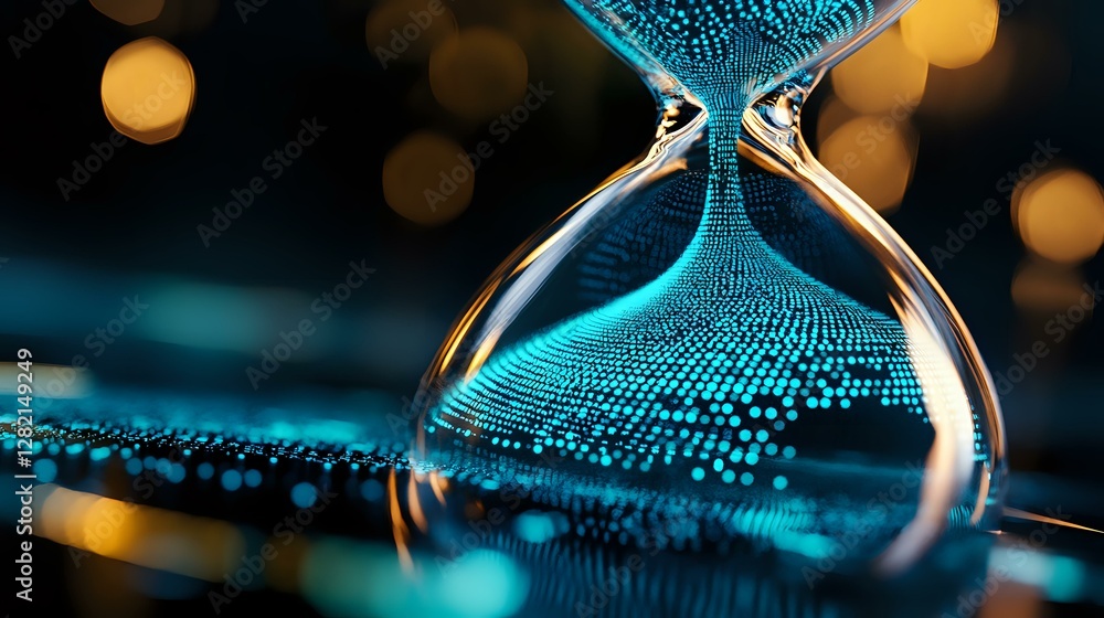 Poster hourglass with flowing blue sand against dark background with golden bokeh lights creating magical a